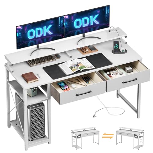 ODK Schreibtisch mit 2 Schubladen, Computertisch mit 2 Steckdose 2 USB-Ladeanschluss, PC Tisch mit Regalen und Monitorständer, büro Tisch für Home Office, 120x50x90cm, Weiß von ODK