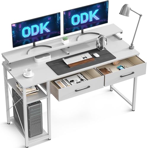 ODK Schreibtisch Weiß, Schreibtisch mit 2 Schubladen, Computertisch mit Regalen und Monitorständer, Bürotisch mit Bücherregal 120x50x87cm PC-Tisch Officetisch für Home Office von ODK