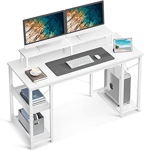 ODK Schreibtisch mit Regal Reversibel, Computertisch mit Monitorständer und Regalen, PC Tisch Gaming Tisch Weiß mit Bücherregal 120x50x86.5 Bürotisch Kleiner für Heimbüro von ODK