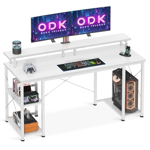 ODK Schreibtisch mit Regal Reversibel, Computertisch mit Monitorständer und Regalen, Gaming Tisch PC Tisch Bürotisch mit Bücherregal Kleiner für Heimbüro(Weiß, 120x50x86.5) von ODK
