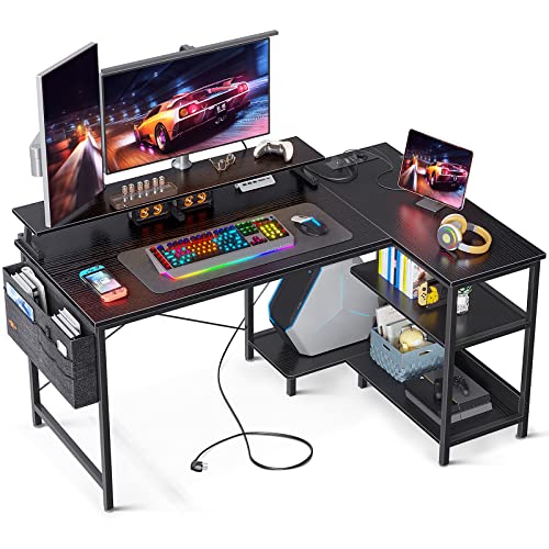 ODK Schreibtisch l Form Schwarz, Gaming Tisch L Form, Eckschreibtisch mit USB-Ladeanschluss & Steckdose, Ecktisch Gaming mit Regal Reversibe & Monitorregal für Büro, Heimbüro, 120x80x88cm von ODK