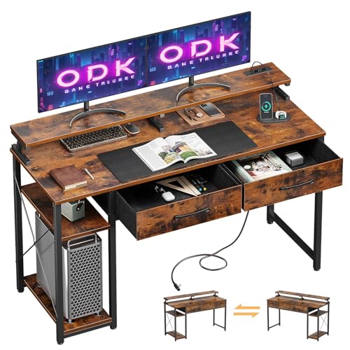 ODK Schreibtisch mit 2 Schubladen, Computertisch mit 2 Steckdose 2 USB-Ladeanschluss, PC Tisch mit Regalen und Monitorständer, büro Tisch für Office, 120x50x90cm, Rustikales Braun von ODK