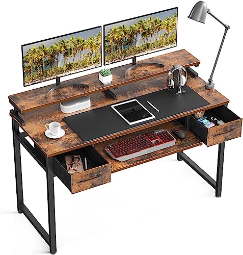 ODK Schreibtisch mit Stoff Schubladen, 120x48x87cm Computertisch mit Tastaturauszug, Gaming Schreibtisch Bürotisch mit Monitorablage PC-Tisch für Home Office, Braun von ODK