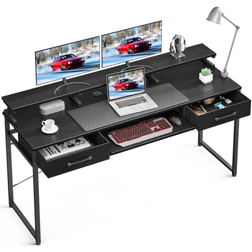 ODK Schreibtisch mit 2 Schubladen, Computertisch mit Tastaturablage, Bürotisch PC-Tisch mit Monitorablage Höhenverstellbaren für Home Office (Schwarz, 160x53x90cm) von ODK