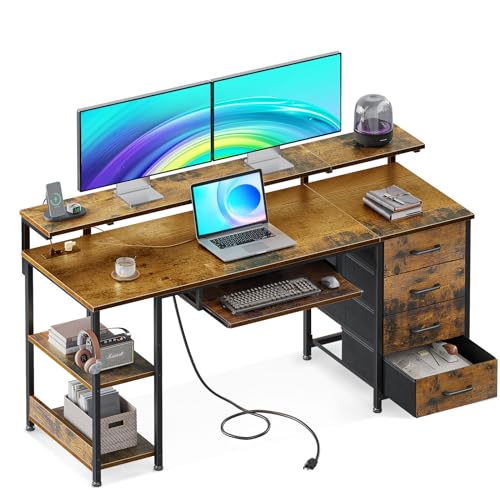 ODK Schreibtisch mit 4 Schubladen, Gaming Tisch mit LED, Computertisch mit 2 Steckdosen und 2 USB Ladeanschluss, PC Tisch mit Regal und Tastaturablage fürs Büro, Wohnzimmer (Braun, 140x52x92cm) von ODK