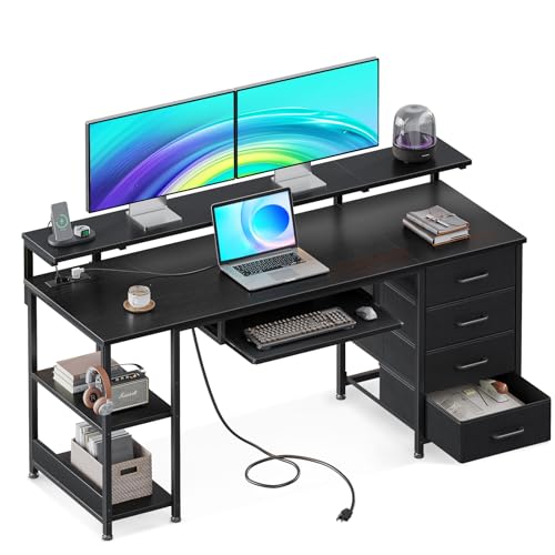 ODK Schreibtisch mit 4 Schubladen, Gaming Tisch mit LED, Computertisch mit 2 Steckdosen und 2 USB Ladeanschluss, PC Tisch mit Regal und Tastaturablage fürs Büro, Wohnzimmer (Schwarz, 140x52x92cm) von ODK