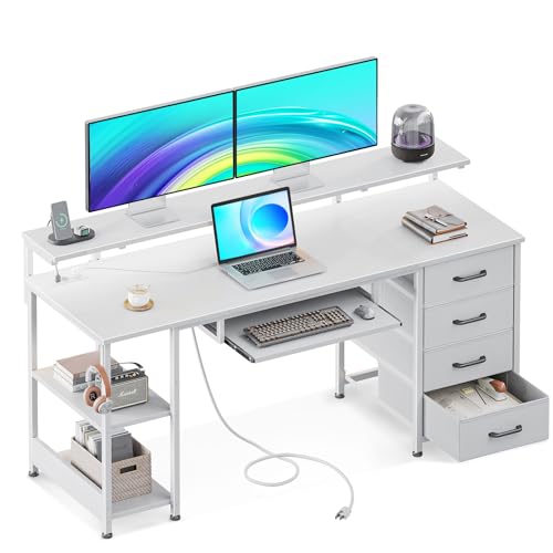 ODK Schreibtisch mit 4 Schubladen, Gaming Tisch mit LED, Computertisch mit 2 Steckdosen und 2 USB Ladeanschluss, PC Tisch mit Regal und Tastaturablage fürs Büro, Wohnzimmer (Weiß, 140x52x92cm) von ODK