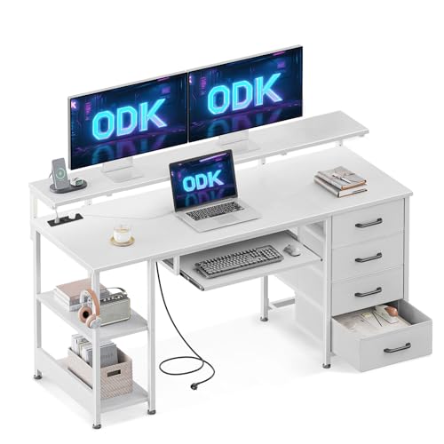 ODK Schreibtisch mit 4 Schubladen, Computertisch mit 2 Steckdosen und 2 USB Ladeanschluss, PC Tisch mit Regal, Gaming Tisch mit Tastaturablage fürs Büro, Wohnzimmer (Weiß, 140x52x92cm) von ODK
