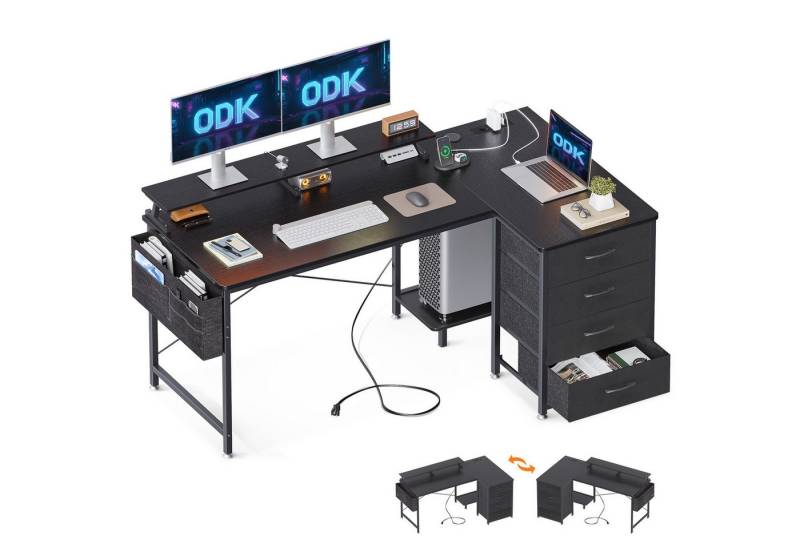 ODK Schreibtisch mit 4 Schubladen, USB-Ladeanschluss und 2 Steckdose (1 Tisch), 140x80x84.5cm, schwarz von ODK