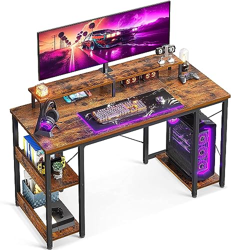 ODK Schreibtisch, Gaming Tisch mit Regal Reversibel 120x50x86.5cm Computertisch mit Monitorständer, PC Tisch Bürotisch für Büro, Wohnzimmer, Vintage Braun von ODK