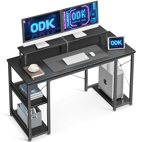 ODK Gaming Schreibtisch Schwarz, Schreibtische mit Regal Reversibel, Computertisch mit Monitorständer, 120x50x86.5cm PC Tisch für Büro, Wohnzimmer von ODK
