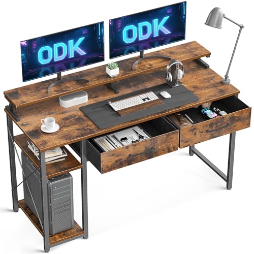 ODK Schreibtisch mit 2 Schubladen, Computertisch mit Regalen und Monitorständer, Bürotisch mit Bücherregal, Computertisch Klein PC-Tisch Officetisch für Home Office, 120x50x87cm, Rustikales Braun von ODK