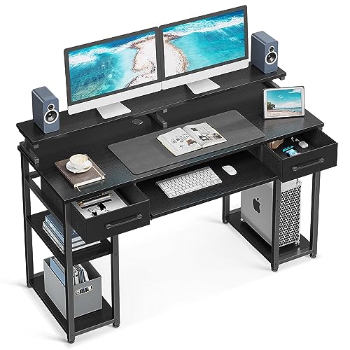 ODK Schreibtisch mit Schubladen, 120x48x90cm Schreibtisch mit Abnehmbarem Regal, Computertisch Schwarz Bürotisch mit Tastaturablage und Monitorständer, PC Tisch Gaming Tisch für Home Office von ODK