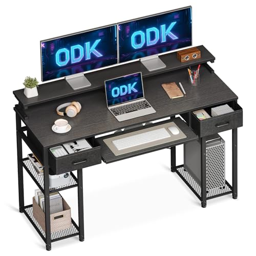 ODK Schreibtisch mit Schubladen, 120x48cm Computertisch mit Regal, PC Tisch mit Tastaturablage, Bürotisch mit Stauraum für Homeoffice, Schwarz von ODK