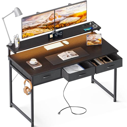 ODK Schreibtisch mit 3 Schubladen, Gaming Tisch mit 2 Steckdosen und 2 USB Ladeanschluss, Computertisch mit LED und Monitorständer, Bürotisch für Schlafzimmer (120x50x92.7cm,Schwarz) von ODK