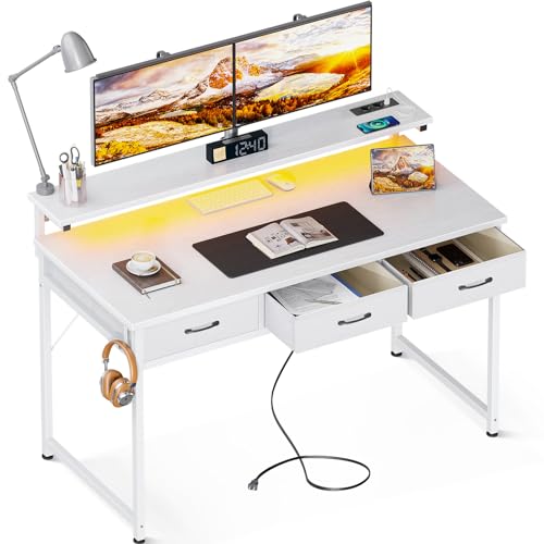 ODK Schreibtisch mit 3 Schubladen, Gaming Tisch mit 2 Steckdosen und 2 USB Ladeanschluss, Computertisch mit LED und Höhenverstellbarer Monitorständer, Bürotisch für Schlafzimmer(120x50x92.7cm, Weiß) von ODK