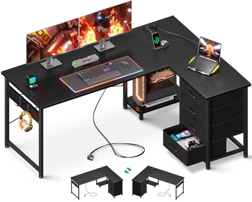 ODK Schreibtisch mit Schubladen, L-förmiger Schreibtisch mit Steckdosen und USB-Ladeanschluss, Reversibler PC Tisch für das Heimbüro, Gaming-Schreibtisch, 135×100cm, Schwarz von ODK