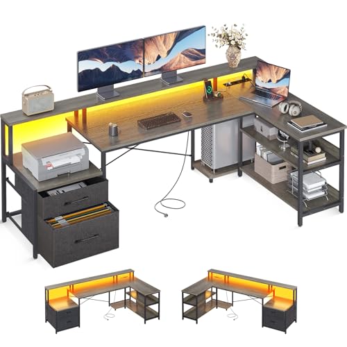 ODK Schreibtisch L Form mit Schubladen, Reversibel Schreibtisch Eckschreibtisch Groß mit LED & Steckdosenleiste, Graueiche 189.3×100cm ODK Schreibtisch L Form mit Schubladen, Reversibel Schreibtisch Eckschreibtisch Groß mit LED & Steckdosenleiste, Graueiche 189.3×100cm von ODK