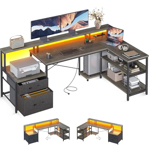 ODK Schreibtisch L Form mit Schubladen, Reversibel Schreibtisch Eckschreibtisch Groß mit LED & Steckdosenleiste, Graueiche 172.5×100cm von ODK