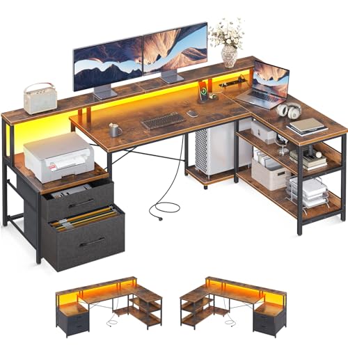 ODK Schreibtisch L Form mit Schubladen, Reversibel Schreibtisch Eckschreibtisch Groß mit LED & Steckdosenleiste, Vintage-Braun 172.5×100cm von ODK