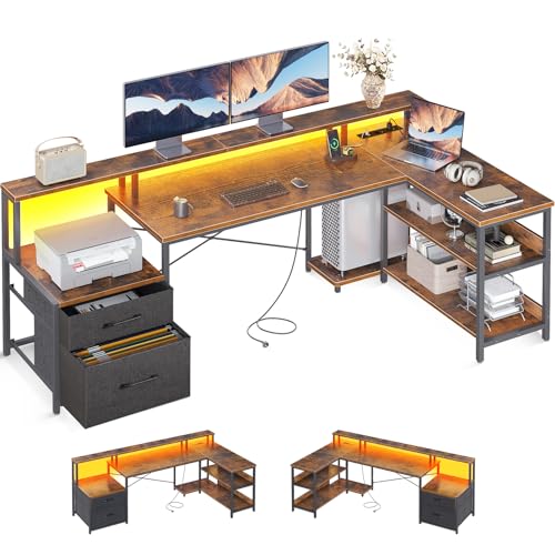 ODK Schreibtisch L Form mit Schubladen, Reversibel Schreibtisch Eckschreibtisch Groß mit LED & Steckdosenleiste, Vintage-Braun 189.3×100cm von ODK