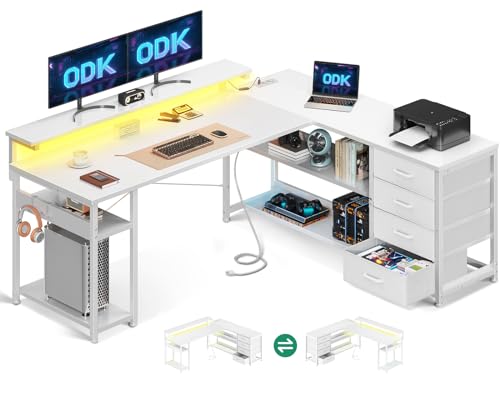 ODK Schreibtisch mit Schubladen, Reversible Eckschreibtisch mit 2 Steckdosen und 2 USB Ladeanschluss, Gaming Tisch L Form mit LED für Home Office, Alles weiß, 155×110cm von ODK