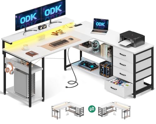ODK Schreibtisch mit Schubladen, Reversible Eckschreibtisch mit 2 Steckdosen und 2 USB Ladeanschluss, Gaming Tisch L Form mit LED für Home Office, Weiß, 135×110cm von ODK