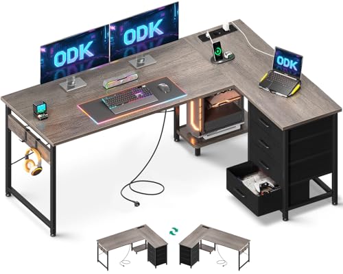 ODK Eckschreibtisch mit 4 Schubladen, 155×110 cm Schreibtisch L Form mit Steckdose und USB-Ladeanschluss, Reversibler Schreibtisch mit Stauraum für Homeoffice, Graue Eiche von ODK