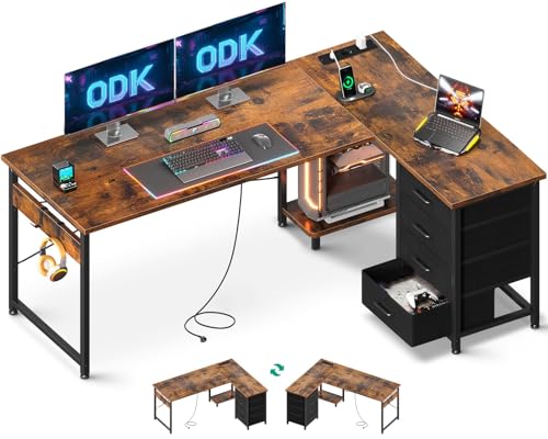 ODK Eckschreibtisch mit 4 Schubladen, 155×110 cm Schreibtisch L Form mit Steckdose und USB-Ladeanschluss, Reversibler Schreibtisch mit Stauraum für Büro Arbeitszimmer Schlafzimmer, Vintage-Braun ODK Eckschreibtisch mit 4 Schubladen, 155×110 cm Schreibtisch L Form mit Steckdose und USB-Ladeanschluss, Reversibler Schreibtisch mit Stauraum für Büro Arbeitszimmer Schlafzimmer, Vintage-Braun von ODK