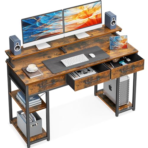 ODK Schreibtisch mit Schubladen, Schreibtische mit Regal, 120x50x90cm Computertisch mit Monitorständer, Bürotisch Bürotisch PC-Tisch Gaming Tisch für Home Office, Büro, Wohnzimmer, Braun von ODK