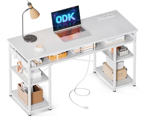 ODK Schreibtisch mit USB-Ladeanschluss und Steckdose, Computertisch mit Abnehmbarem Regal, Bürotisch PC Tisch Gaming Tisch für Home Office (Weiß, 120x40x79cm) von ODK