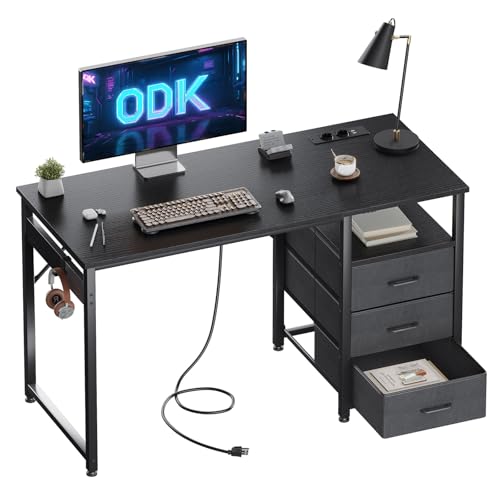 ODK Schreibtisch mit 3 Schubladen aus Stoff, Computertisch mit 2 Steckdosen und USB-Buchsen, Umkehrbarer PC Tisch Bürotisch für Home Office(Schwarz, 120x48x75.5cm) von ODK