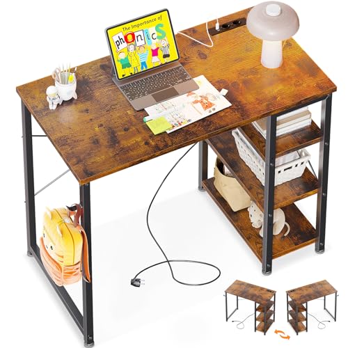 ODK Kleiner Schreibtisch, 80x40x75cm Computertisch mit 3 Steckdose und USB & Typ C Ladeanschluss, PC Tisch mit Umkehrbarem Regal Tisch Klein fürs Büro, Wohnzimmer, Braun von ODK