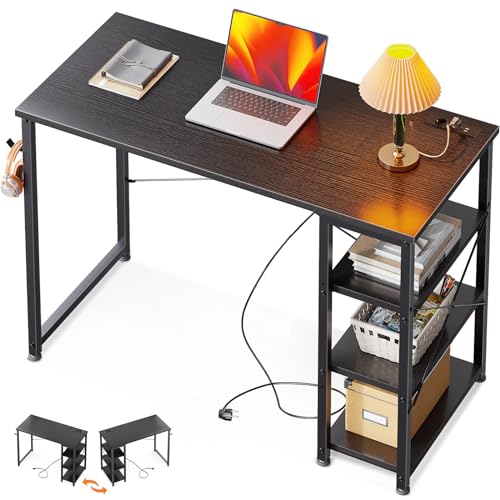 ODK Kleiner Schreibtisch,100x40x75cm Computertisch Klein mit 3 Steckdose und USB & Typ C Ladeanschluss, PC Tisch mit Umkehrbarem Regal Kinder Schreibtisch fürs Büro, Wohnzimmer, Schwarz von ODK