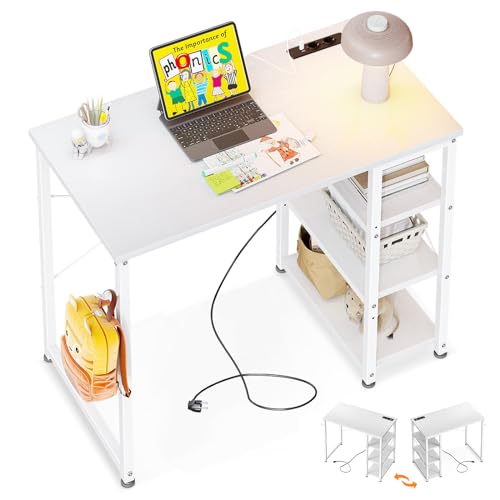 ODK Kleiner Schreibtisch Weiß, 80x40x75cm Computertisch mit 3 Steckdose und USB & Typ C Ladeanschluss, PC Tisch mit Umkehrbarem Regal Tisch Klein fürs Büro, Wohnzimmer von ODK