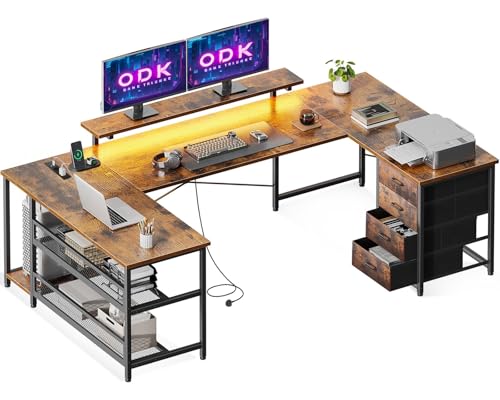 ODK Eckschreibtisch mit 4 Schubladen&Stauraum, 167×102cm Reversible Eckschreibtisch mit 2 Steckdosen und 2 USB Ladeanschluss, Gaming Schreibtisch mit LED&Monitorständer für Home Office, Vintage-Braun von ODK