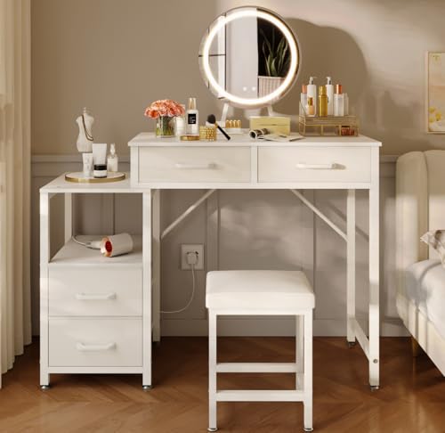 ODK Schreibtisch mit verstellbarem LED-Spiegel, Makeup Tisch mit 4 Schubladen und Wechselbarem Seitenschrank, Kompakte Schminktisch-Set mit Hocker, Weiß Schminktisch mit LED-Beleuchtung, 80x40x130cm von ODK