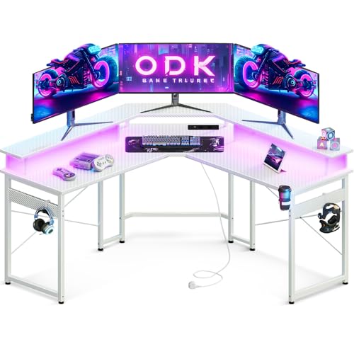 ODK Gaming Tisch mit LED, Gaming Schreibtisch mit 2 Steckdosen und 2 USB Ladeanschluss, PC Tisch Gaming mit großzügiger Monitorablage, Gamer Schreibtisch in Kohlefaser Weiß, 129x129 cm von ODK