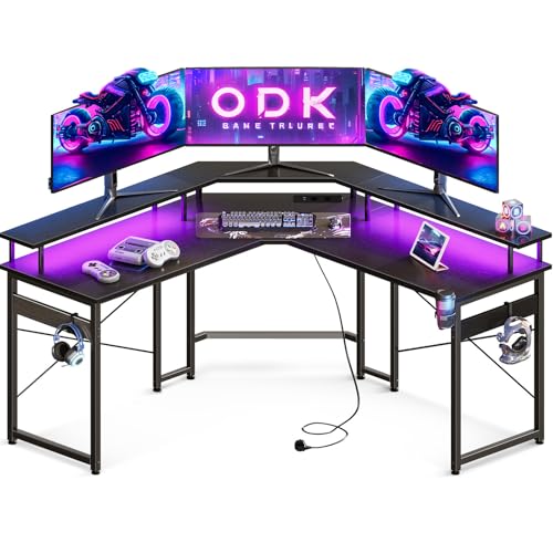 ODK Gaming Schreibtisch mit LED, Gaming Tisch mit 2 Steckdosen und 2 USB Ladeanschluss, Eckschreibtisch mit großzügiger Monitorablage, Schwarz von ODK