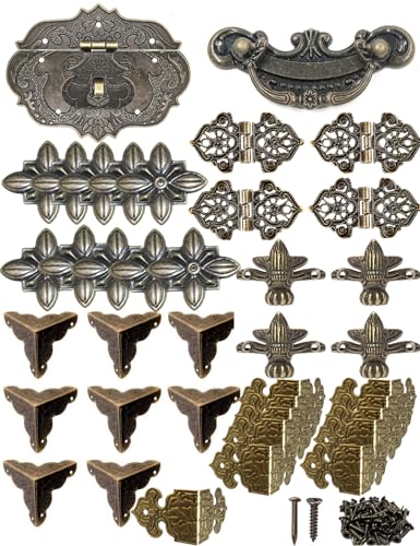 1 Set Retro dekorative Box-Hardware Antike Dekorative Haken Haspe, 1 Schlösser, 4 Geschnitzte Scharniere, 8 Box-Ecken, 4 Ecke Fuß Standfüße, 2 schubladengriffe, 12 Eckstück,10 Blume von ODOOKON