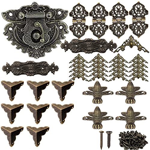 1 Set dekorative Box-Hardware aus Bronze, 1 Schlösser, 4 Butterfly-Scharniere und 8 dekorative Box-Ecken, 4 Dekorativer Ecke Fuß Standfüße, 20 Kantenabdeckung Eckenschutz, 2 Zierstreifen von ODOOKON