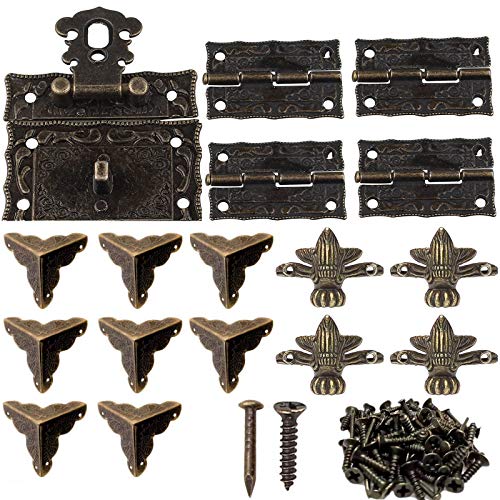 1 Set dekorative Box-Hardware aus Bronze, 1 Stück Schlösser, 4 Stück Butterfly-Scharniere und 8 Stück dekorative Box-Ecken, 4 Stück Dekorativer Ecke Fuß Standfüße von ODOOKON