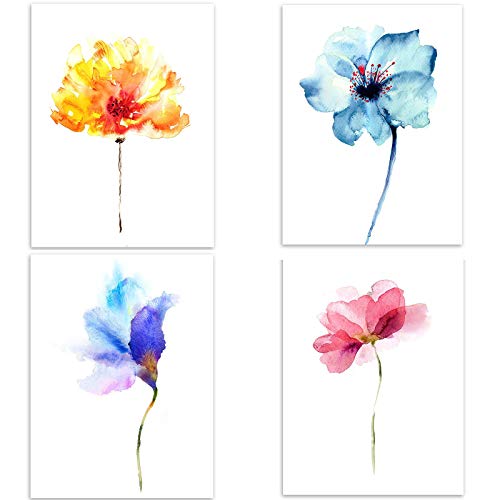 ODOOKON 4 Stück Poster Blumen in vier Farben Lebhafter und energischer Stil, A4 (21x30cm), Ohne Bilderrahmen, Deko Wand Bild, Dekoration Wohnung modern, Zimmer Deko, Leinwandbild Kunstdruck von ODOOKON