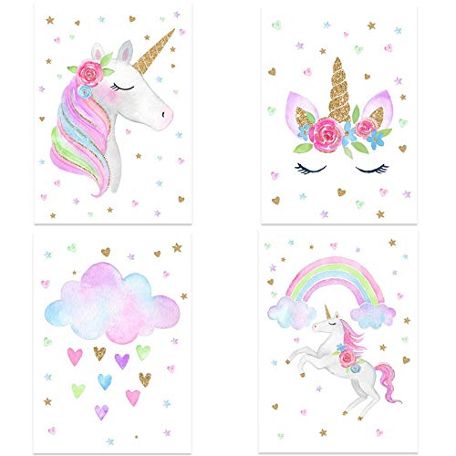 ODOOKON 4 Stück Poster Regenbogen-Einhorn, A4 (21x30cm), Ohne Bilderrahmen, Deko Wand Bild, Dekoration Wohnung modern, Zimmer Deko, Leinwandbild Kunstdruck von ODOOKON