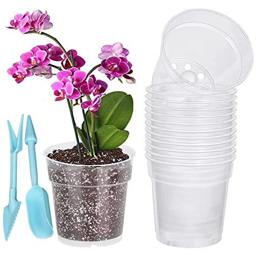 ODOOKON 20 Stück Klare Orchideentöpfe mit Gartenwerkzeug Set, 11,5cm transparente Blumentopf Plastiktöpfe für Orchideen Sämlings Töpfe mit Ablauflöchern für Garden Balkon Schreibtisch von ODOOKON