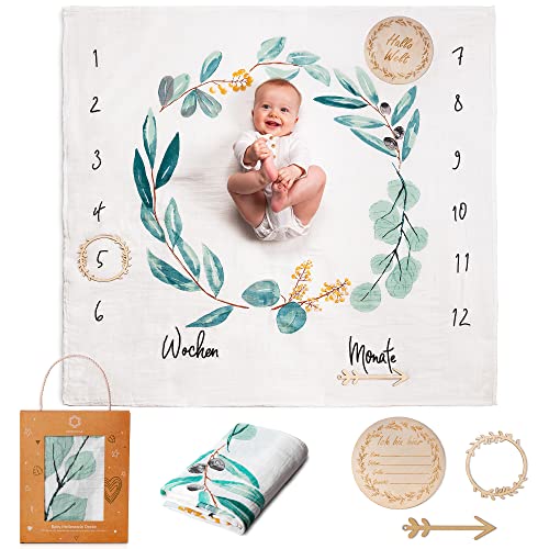 ODOXIA Baby Meilenstein Decke auf Deutsch, Baumwolle Musselin Tuch, Pucktuch, Monatsdecke, Junge & Mädchen, Unisex, Blätter, Geschenk Für Mütter, Blanket, Musselin Decke von ODOXIA