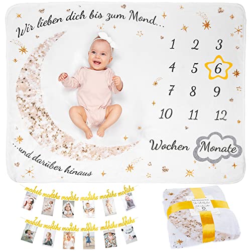 ODOXIA Baby Meilenstein Decke auf Deutsch | Im Set mit Foto Banner 1. Geburtstag | Monatsdecke Baby Junge & Mädchen Mond & Sterne | Neugeborenen-Geschenk für Mütter personalisiert, Unisex von ODOXIA