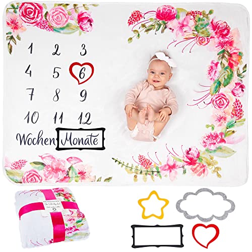 ODOXIA Baby Meilenstein Decke auf Deutsch | Monatsdecke Baby Junge & Mädchen, Unisex | Blumen & Blätter | Personalisiertes Neugeborenen-Geschenk für Mütter | Babydecke | Meilensteindecke und Rahmen von ODOXIA