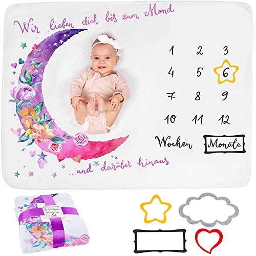 ODOXIA Baby Meilenstein Decke auf Deutsch | Monatsdecke Baby Junge & Mädchen, Unisex | Blumen & Mond | Personalisiertes Neugeborenen-Geschenk für Mütter | Babydecke | Meilensteindecke und Rahmen von ODOXIA
