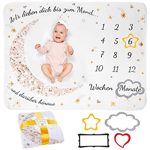 ODOXIA Baby Meilenstein Decke auf Deutsch | Monatsdecke Baby Junge & Mädchen, Unisex | Mond & Sterne | Personalisiertes Neugeborenen-Geschenk für Mütter | Babydecke | Meilensteindecke und Rahmen von ODOXIA
